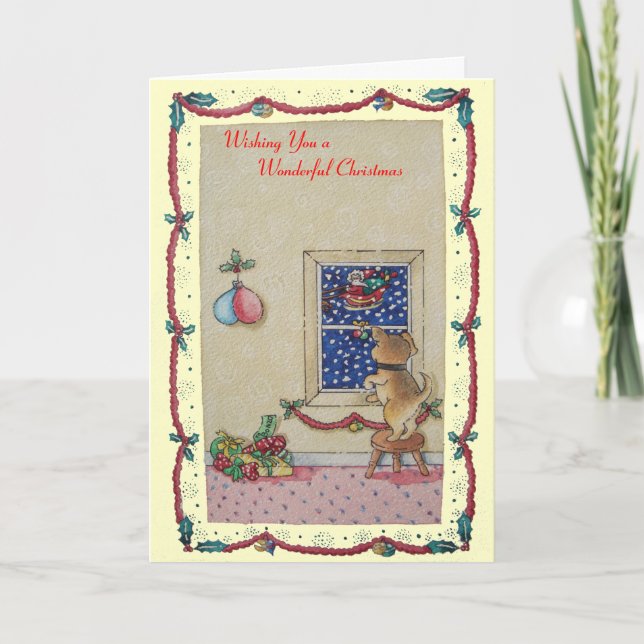 Cartes Pour Fêtes Annuelles chiot brun mignon observant Noël de traîneau de (Devant)