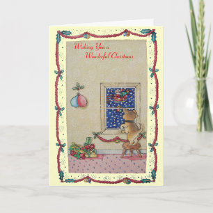 Cartes Pour Fêtes Annuelles chiot brun mignon observant Noël de traîneau de