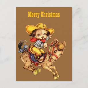 Cartes Pour Fêtes Annuelles Chiot Cowboy sur son cheval Joyeux Noël