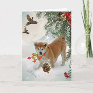 Cartes Pour Fêtes Annuelles Chiot d'AKITA jouant dans la neige