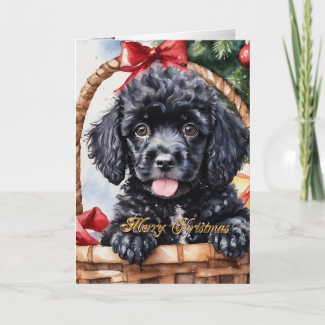 Cartes Pour Fêtes Annuelles Chiot de caniche dans un panier (Devant)
