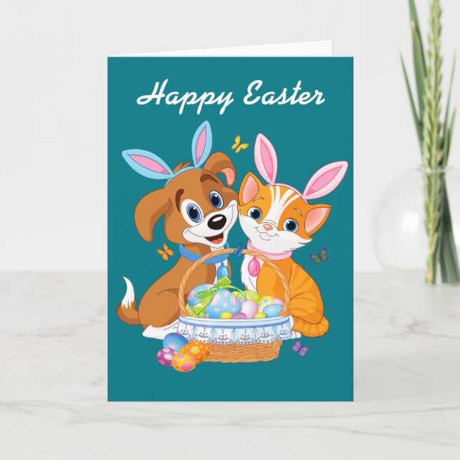 Cartes Pour Fêtes Annuelles Chiot et chaton heureux de Pâques (Devant)