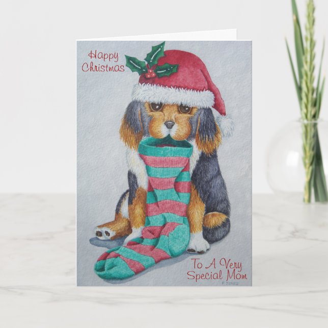 Cartes Pour Fêtes Annuelles chiot noir et brun avec bas pour noël (Devant)