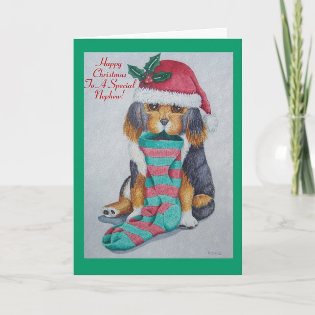 Cartes Pour Fêtes Annuelles chiot noir et brun avec bas pour noël (Devant)