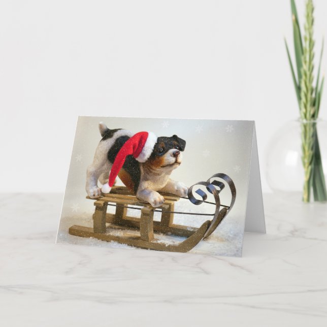 Cartes Pour Fêtes Annuelles Chiot sur un traîneau (Devant)