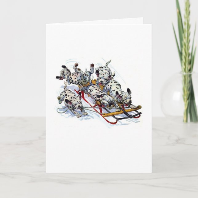 Cartes Pour Fêtes Annuelles Chiots dalmatiens Sledding (Devant)