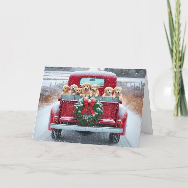 Cartes Pour Fêtes Annuelles Chiots de Noël Golden Retrivers En Camion Rétro (Devant)