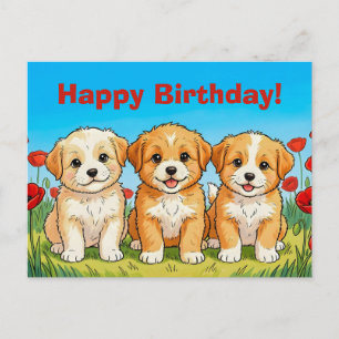 Cartes Pour Fêtes Annuelles Chiots Mignons Personnalisés & Coquelicots Rouges 