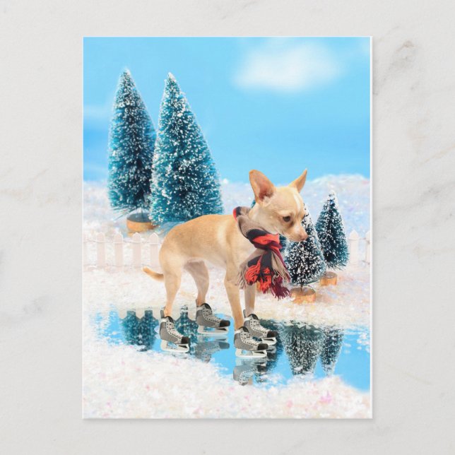 Cartes Pour Fêtes Annuelles Chiwawa drôle avec l'écharpe et les patins (Devant)