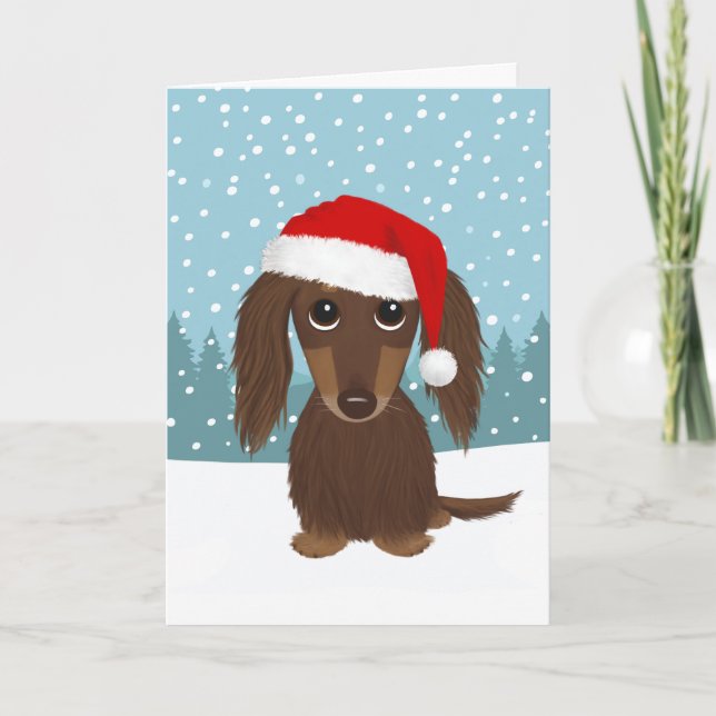 Cartes Pour Fêtes Annuelles Chocolat à poil long Dachshund mignon chien Noël (Devant)
