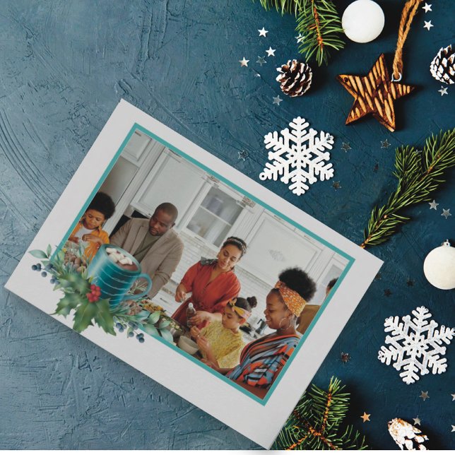 Cartes Pour Fêtes Annuelles Chocolat chaud avec photo plat Holly et Green (Créateur téléchargé)