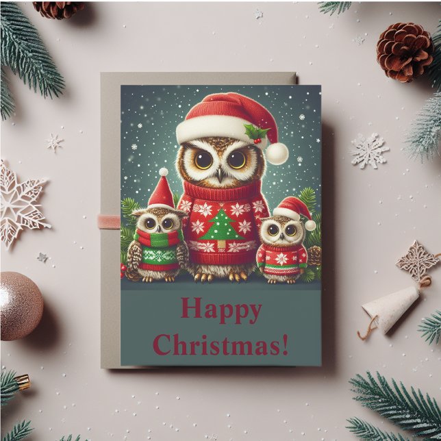 Cartes Pour Fêtes Annuelles Chouette (Cute owls in Christmas sweaters and Christmas hats. You can personalize the message.)