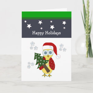 Cartes Pour Fêtes Annuelles Chouette dans un chapeau de Noël avec arbre de Noë