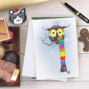 Cartes Pour Fêtes Annuelles Chouette d'hiver mignonne Écharpe arc-en-ciel Chap