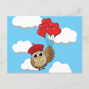 Cartes Pour Fêtes Annuelles Chouette mignonne volant avec des ballons de coeur