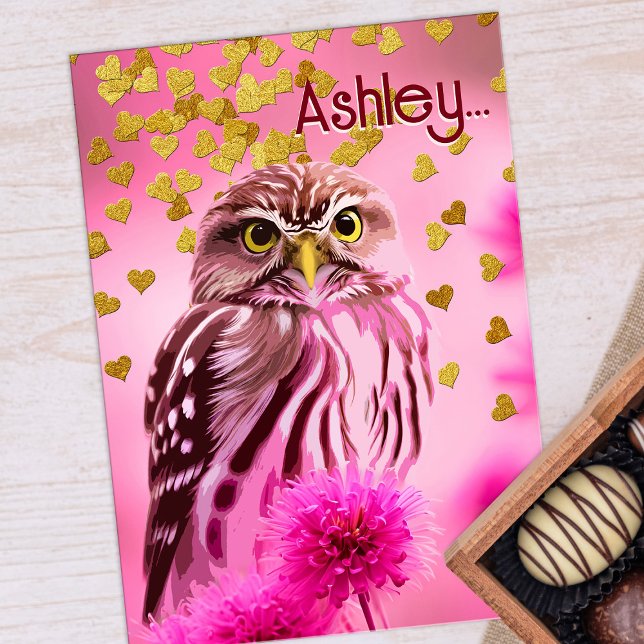 Cartes Pour Fêtes Annuelles Chouette Valentine Cute Pun Girly Rose Gold Heart  (Pretty pink owl pun valentine card)