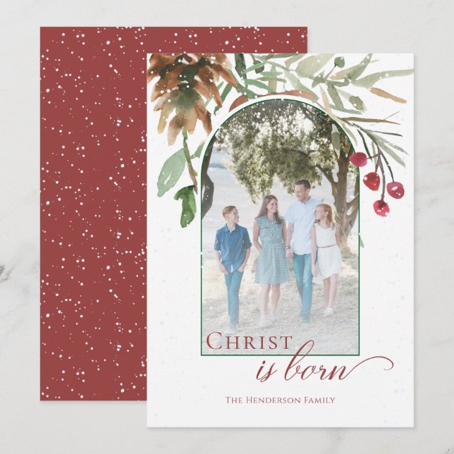 Cartes Pour Fêtes Annuelles Christ est né Photo de Noël enneigé Religieux (Devant / Derrière)