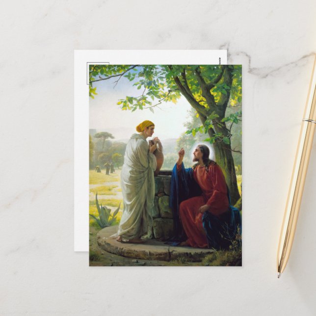 Cartes Pour Fêtes Annuelles Christ et la femme samaritaine par Carl Bloch (Devant/Arrière en situation)