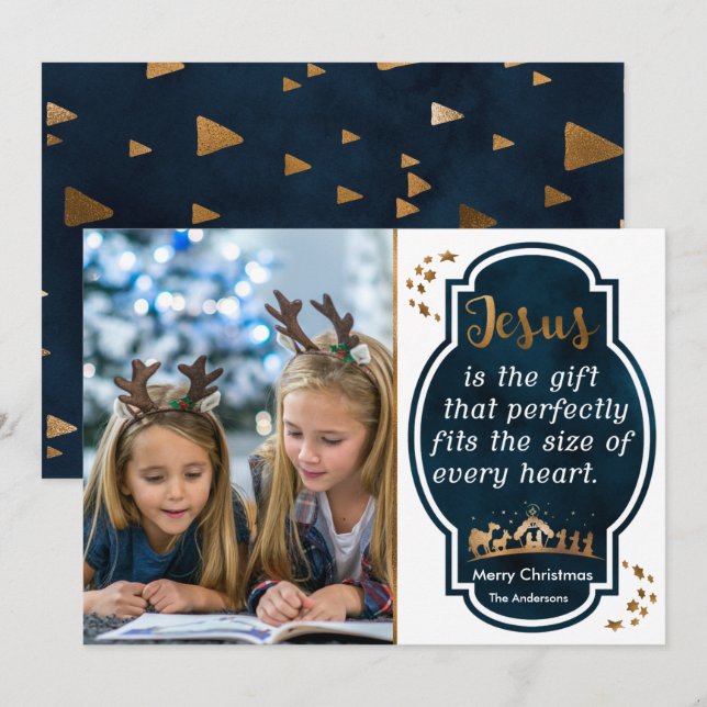 Cartes Pour Fêtes Annuelles Christian Christmas Blue Nativité Citation Photo (Devant / Derrière)