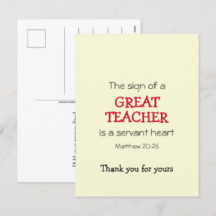 Cartes Pour Fêtes Annuelles Christian GREAT ENSEIGNANT SERVANT DE COEUR Merci