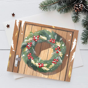 Cartes Pour Fêtes Annuelles Christmas Berry Wreath   Aquarelle Joyeux rustique