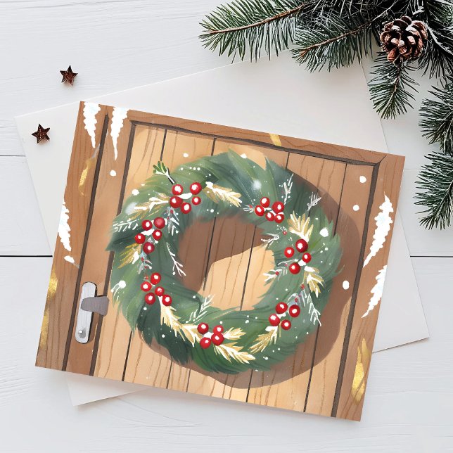 Cartes Pour Fêtes Annuelles Christmas Berry Wreath | Aquarelle Joyeux rustique (Créateur téléchargé)