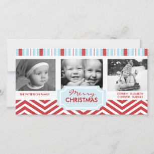 Cartes Pour Fêtes Annuelles Christmas Blue Stripes Red Chevron Photo de vacanc