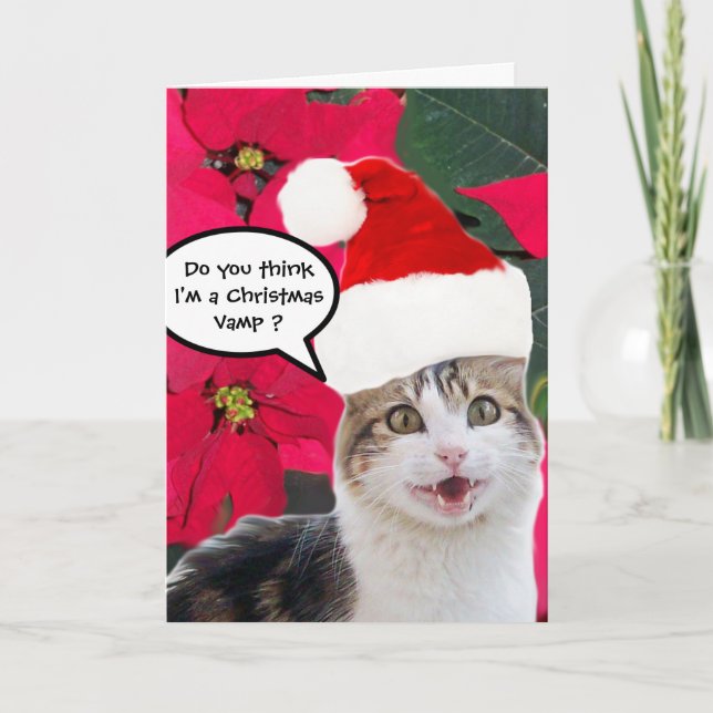 CARTES POUR FÊTES ANNUELLES CHRISTMAS CHAT AVEC SANTA CLAUS CASQUETTE ET POINS (Devant)