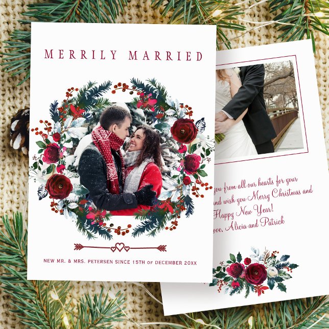 Cartes Pour Fêtes Annuelles Christmas Couple Floral Merrily Photo Mariée (Créateur téléchargé)