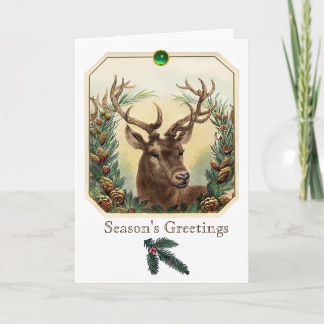 CARTES POUR FÊTES ANNUELLES CHRISTMAS DEER, PINE CONES COURONNE, GREEN GEMSTON (Devant)
