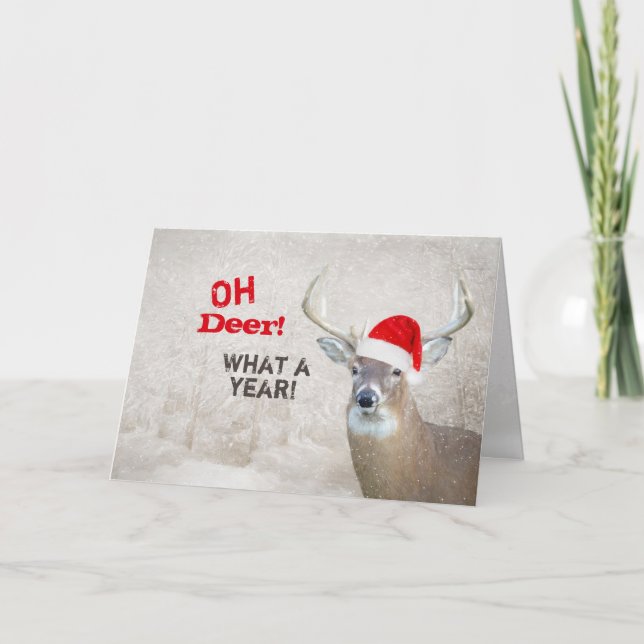 Cartes Pour Fêtes Annuelles Christmas Deer with Père Noël Casquette (Devant)