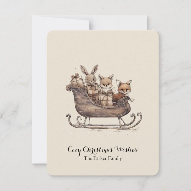 Cartes Pour Fêtes Annuelles Christmas Gift Design Rustic Sleigh Woodland Anima (Devant)