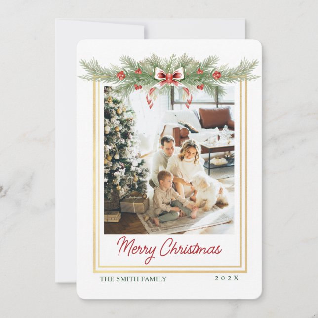 Cartes Pour Fêtes Annuelles Christmas Greenery And Bow 1 Photo Golden Frame (Devant)