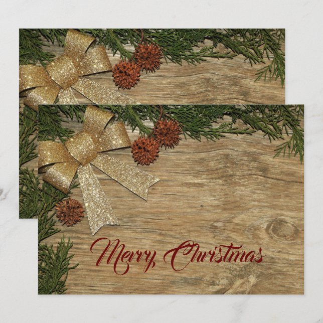 Cartes Pour Fêtes Annuelles Christmas Greeting Golden Bow Green Leaves Red (Devant / Derrière)