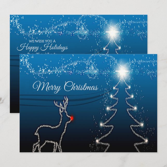 Cartes Pour Fêtes Annuelles Christmas Greeting Reindeer Tree Blue Sky Shiny (Devant / Derrière)
