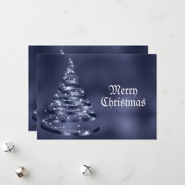 Cartes Pour Fêtes Annuelles Christmas Greeting Shiny Blue Ribbon Tree Sparkle (Devant/Arrière en situation)