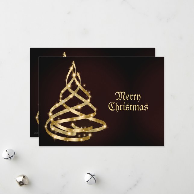 Cartes Pour Fêtes Annuelles Christmas Greeting Shiny Golden Ribbon Tree (Devant/Arrière en situation)