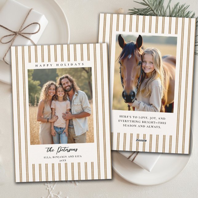 Cartes Pour Fêtes Annuelles Christmas Holidays Taupe Stripes Earthy 2-Photo (family christmas photo card tan brown stripes modern minimalist contemporary earthy organic)