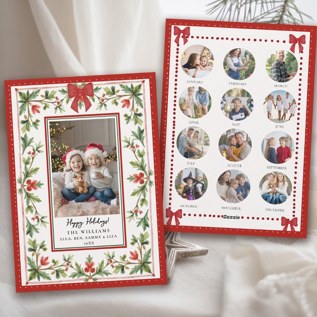 Cartes Pour Fêtes Annuelles Christmas Holidays Whimsical Bow Botanical Photo (hand painted christmas card whimsical watercolor greenery red bow year in review photo)