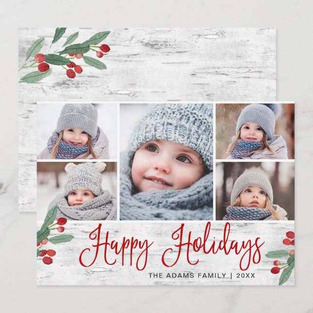 Cartes Pour Fêtes Annuelles Christmas Holly Berry Rustic Birch 5 PHOTO (Devant / Derrière)
