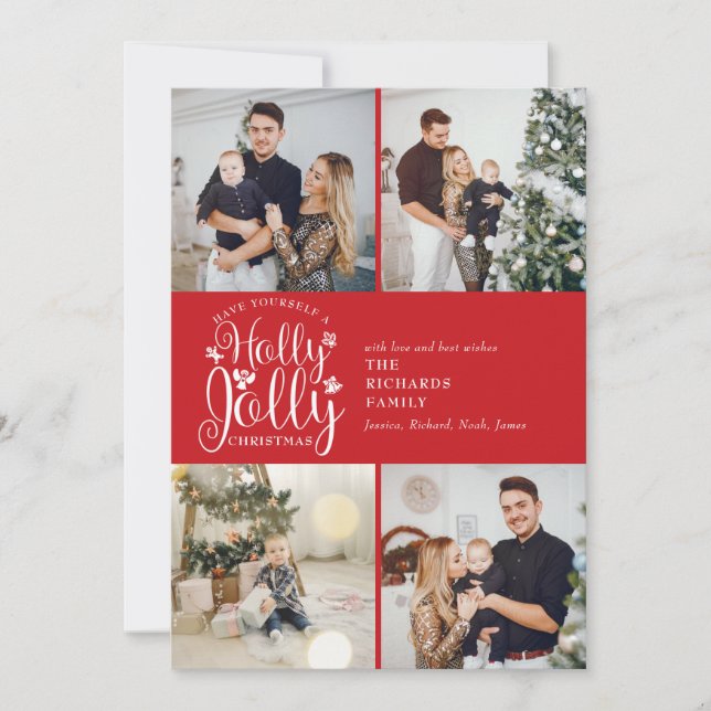 Cartes Pour Fêtes Annuelles Christmas Holly Jolly Script 4 Photo Collage (Devant)