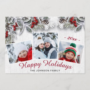Cartes Pour Fêtes Annuelles Christmas Holly Pine Rustic 3 Photo Holiday Card