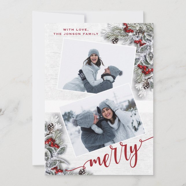 Cartes Pour Fêtes Annuelles Christmas Holly Pine Rustic Photo Holiday Card (Devant)