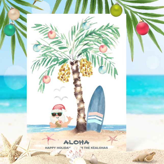 Cartes Pour Fêtes Annuelles Christmas Island Surf Père Noël Aloha Tropical Bea (Créateur téléchargé)