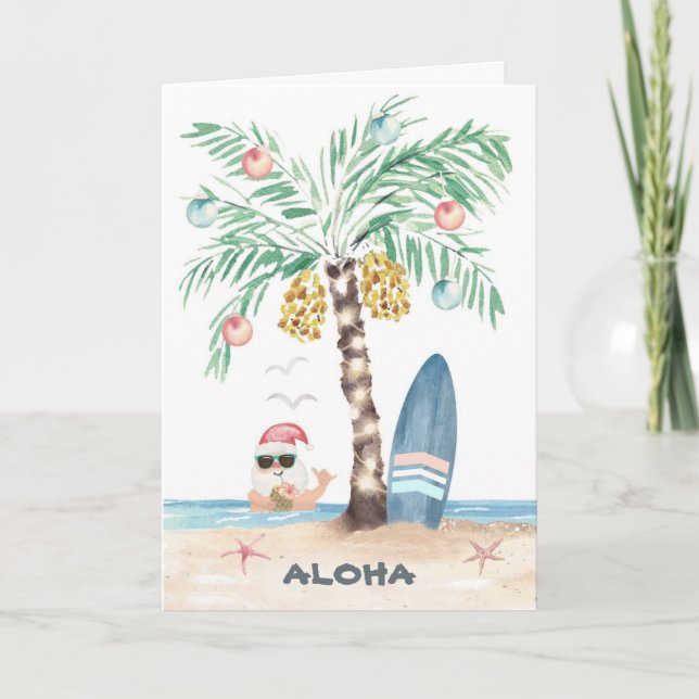 Cartes Pour Fêtes Annuelles Christmas Island Surf Père Noël Palm Tree Beach (Devant)
