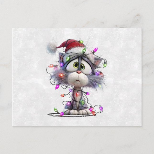 Cartes Pour Fêtes Annuelles Christmas Kitten tangled in Lights (Devant)