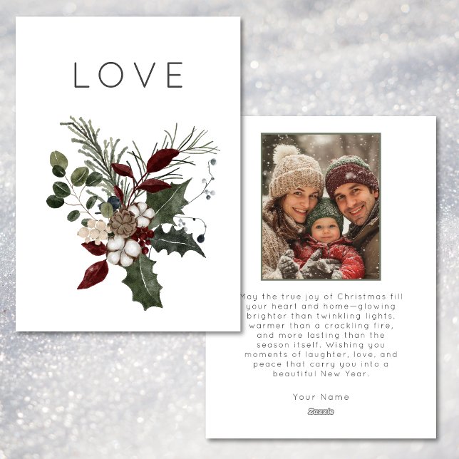 Cartes Pour Fêtes Annuelles Christmas Love Rustic Minimal Photo Verdure (Christmas Love Rustic Minimal Photo Greenery Holiday Card)