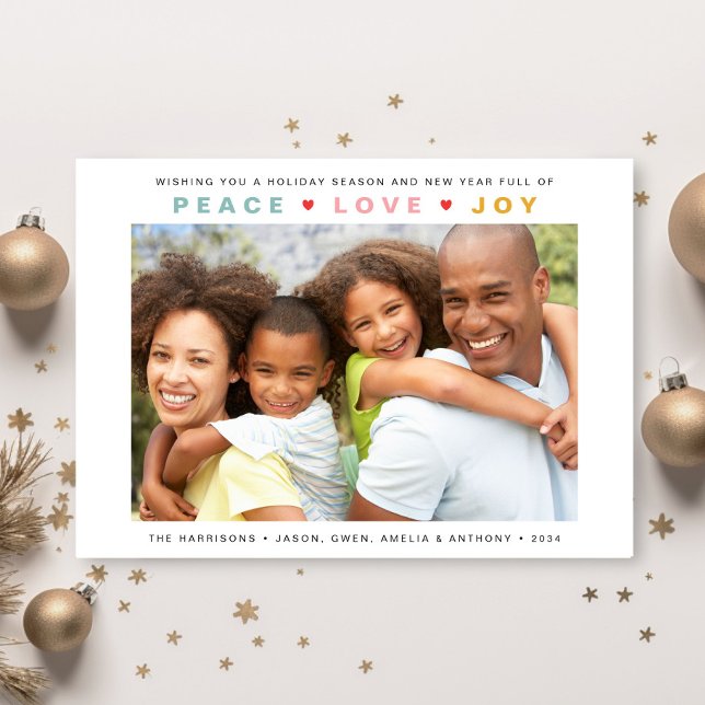 Cartes Pour Fêtes Annuelles Christmas Modern Peace Love Joie Photo (Share the love and warmth of the season with your personalized photo Christmas card)