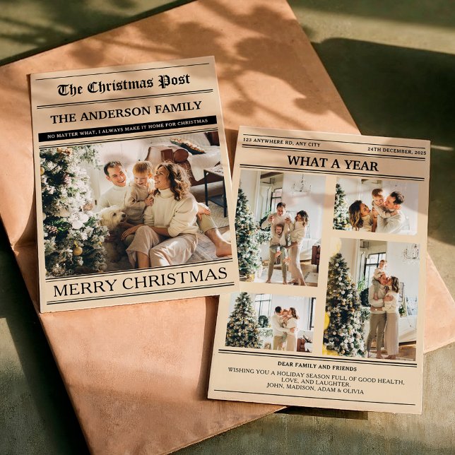 Cartes Pour Fêtes Annuelles Christmas Newspaper Warm Beige Photo What a Year (Créateur téléchargé)