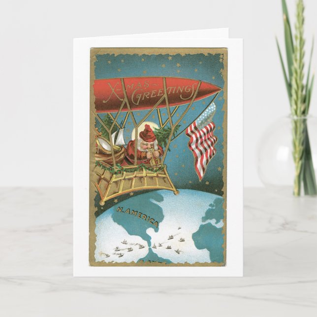 Cartes Pour Fêtes Annuelles Christmas Old-fashioned, Santa get on Airship (Devant)